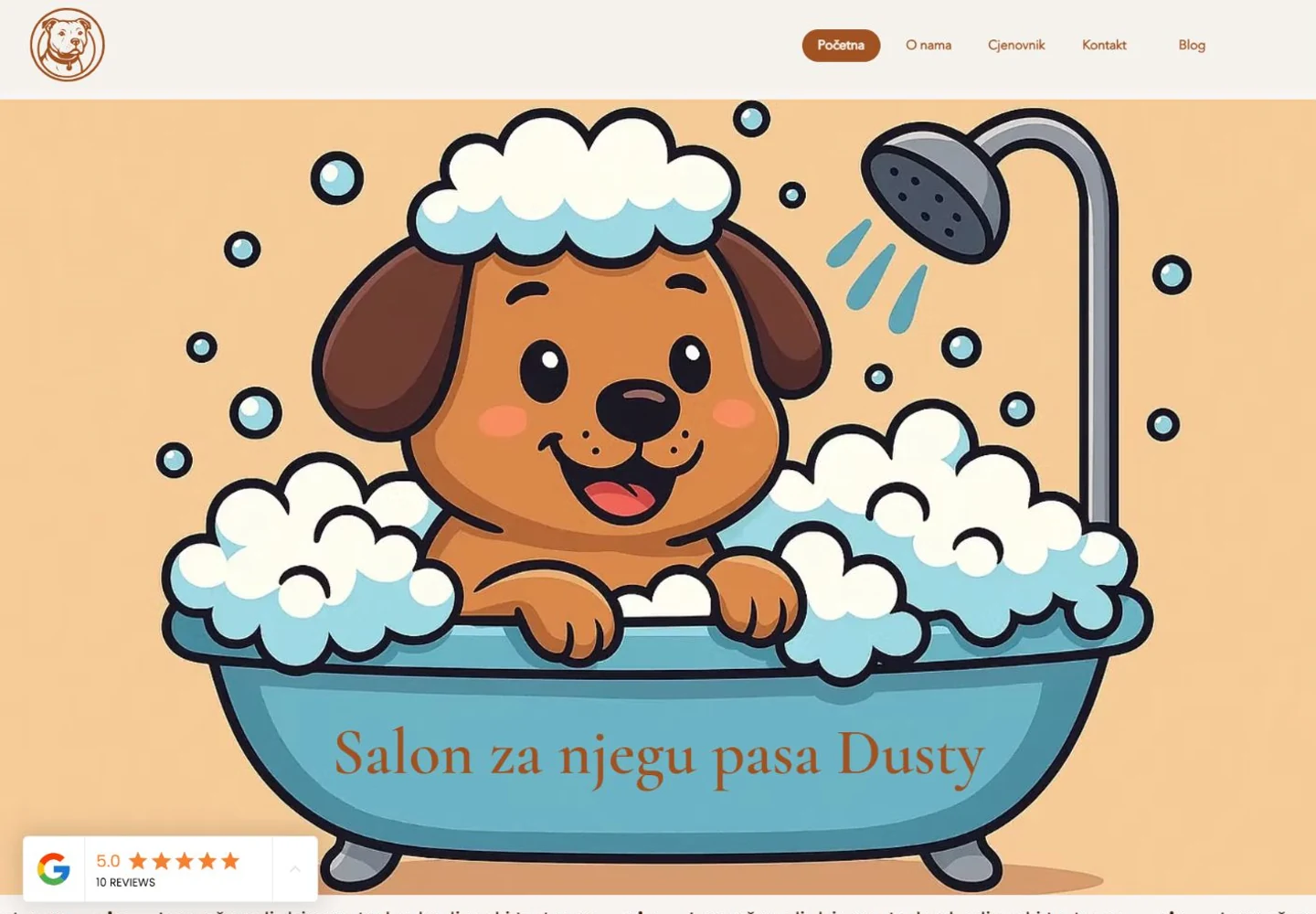 Dusty Dog Grooming website showing the salon’s services